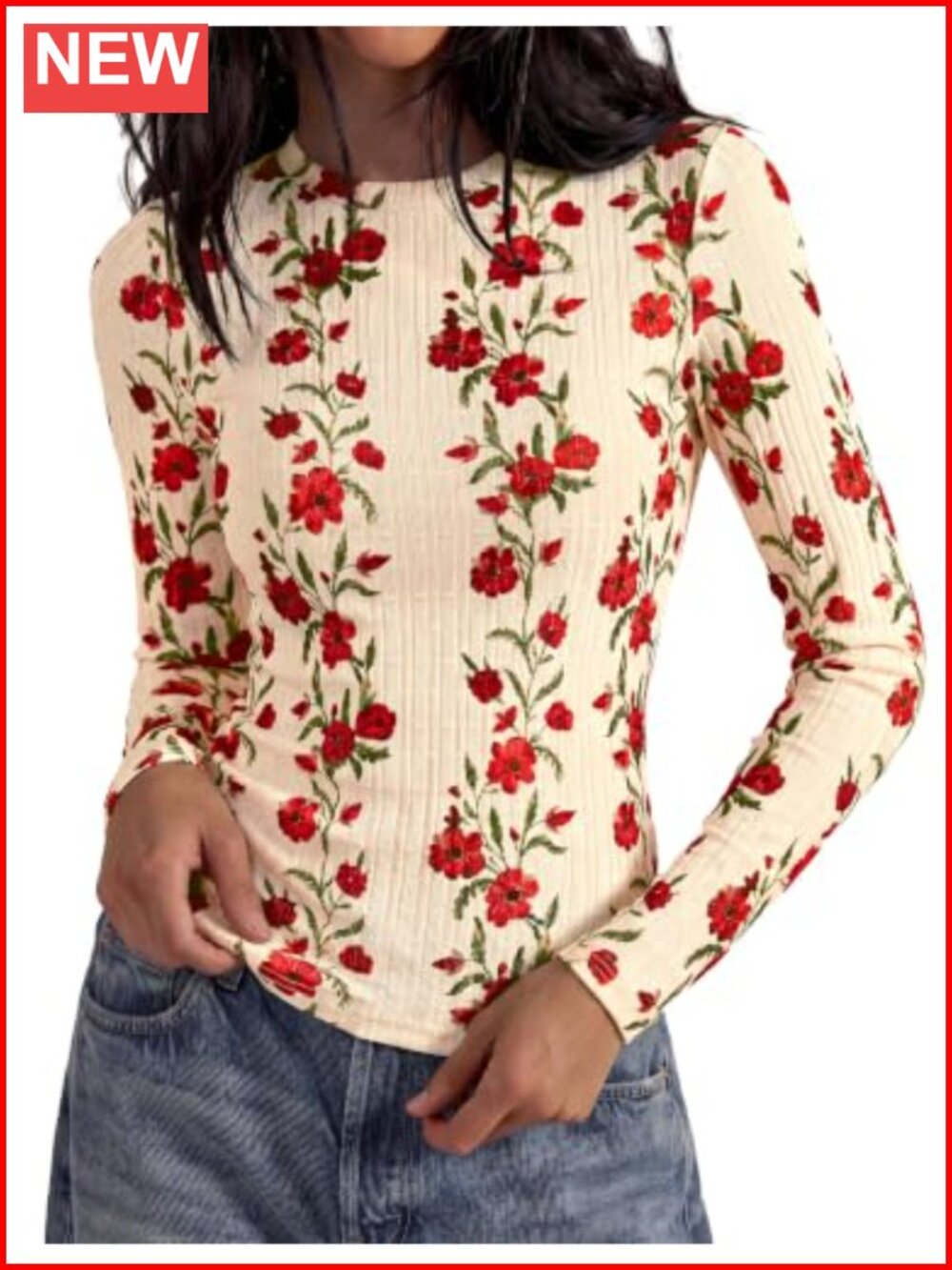 PRETTYGARDEN Women's Long Sleeve Floral Ribbed Knit Y2K Pullover Top